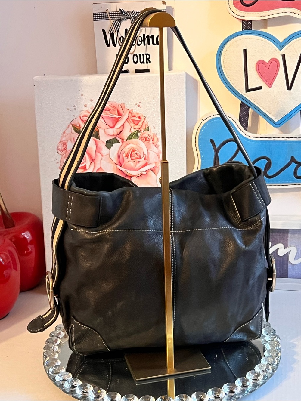 Michael Kors Black pebble Leather Shoulder Bag with Striped Strap - Picture 2 of 12